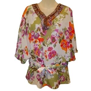 My Collection, Women's Embellished Tie Front Floral Blouse, Sz M